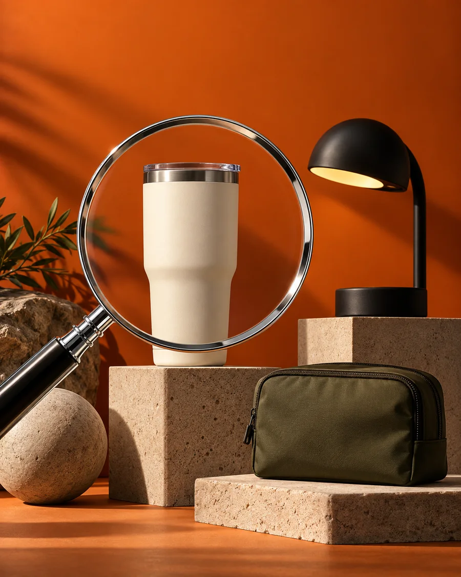 Conceptual product discovery artwork in the EZ Branding orange and charcoal palette